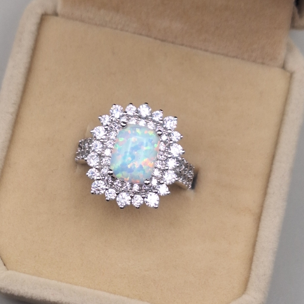 Opal & CZ Sterling Silver Cocktail Ring – Size 7